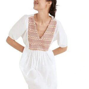 Madewell Embroidered Poplin V-Neck Mini Dress size Medium in White